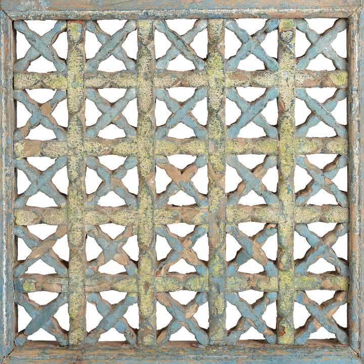 Jali Detail From Antique Blue Painted Teak Peacock Dog Gate From Gujarat | Indigo Antiques
