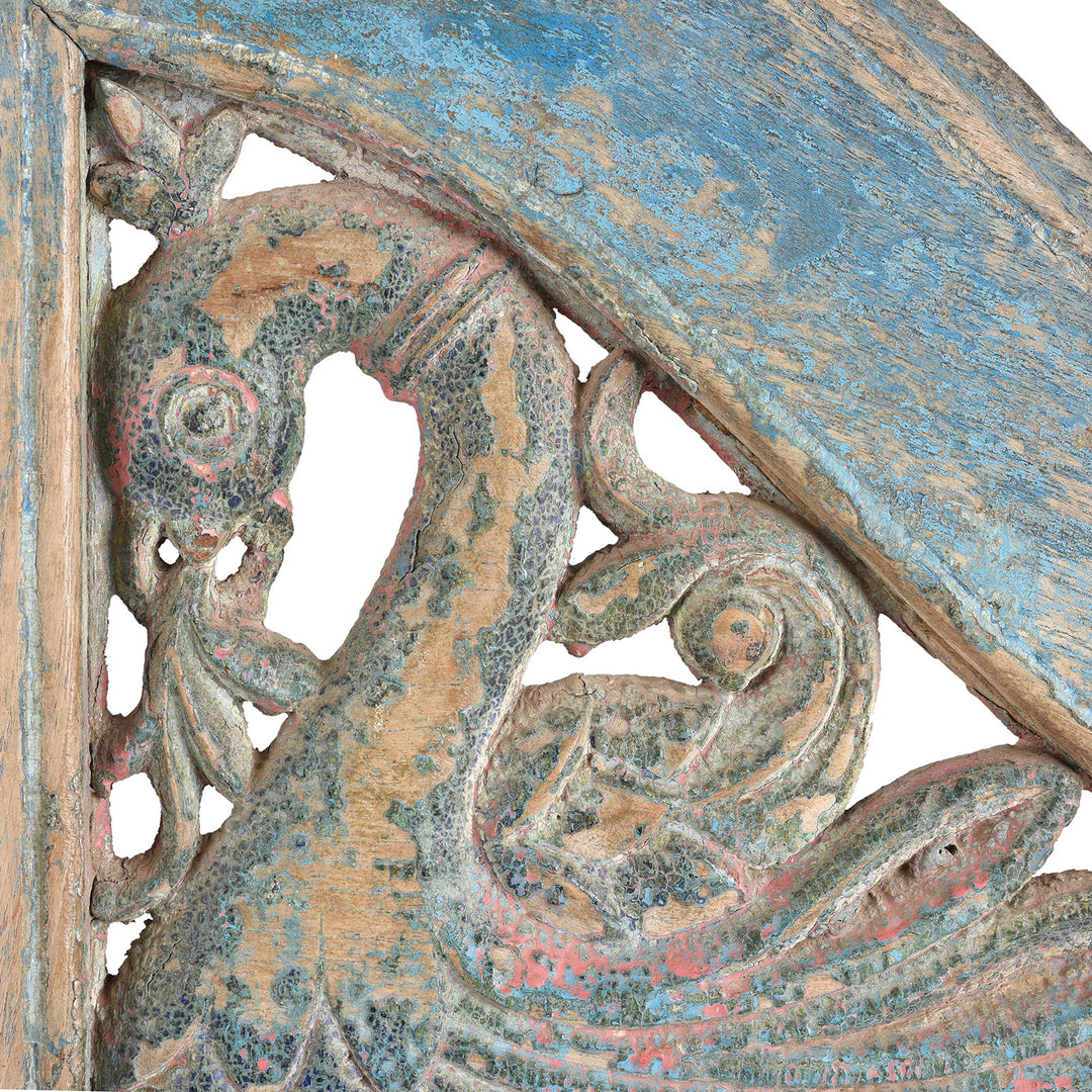 Peacock Detail From Antique Blue Painted Teak Peacock Dog Gate From Gujarat | Indigo Antiques