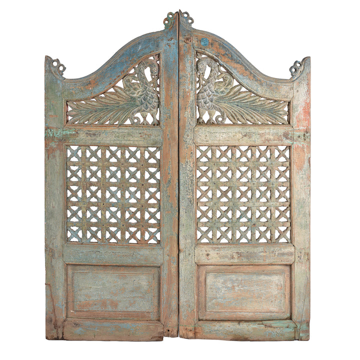 Antique Blue Painted Teak Peacock Dog Gate From Gujarat | Indigo Antiques