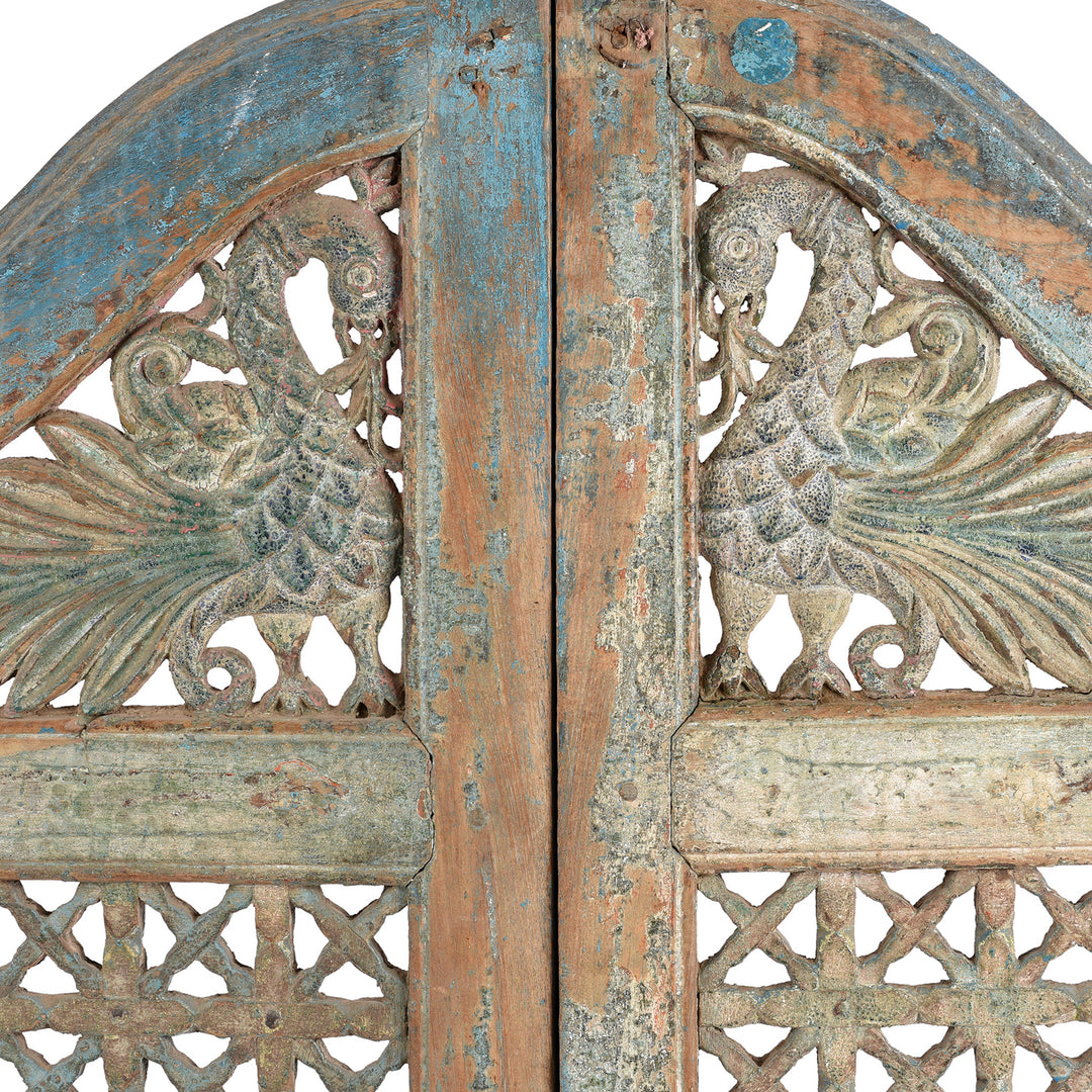Peacock Detail From Antique Blue Painted Teak Peacock Dog Gate From Gujarat | Indigo Antiques