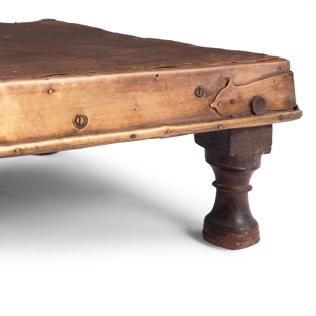 Corner Detail From Antique Indian Brass Bajot Low Table From Shekhawati | Indigo Antiques