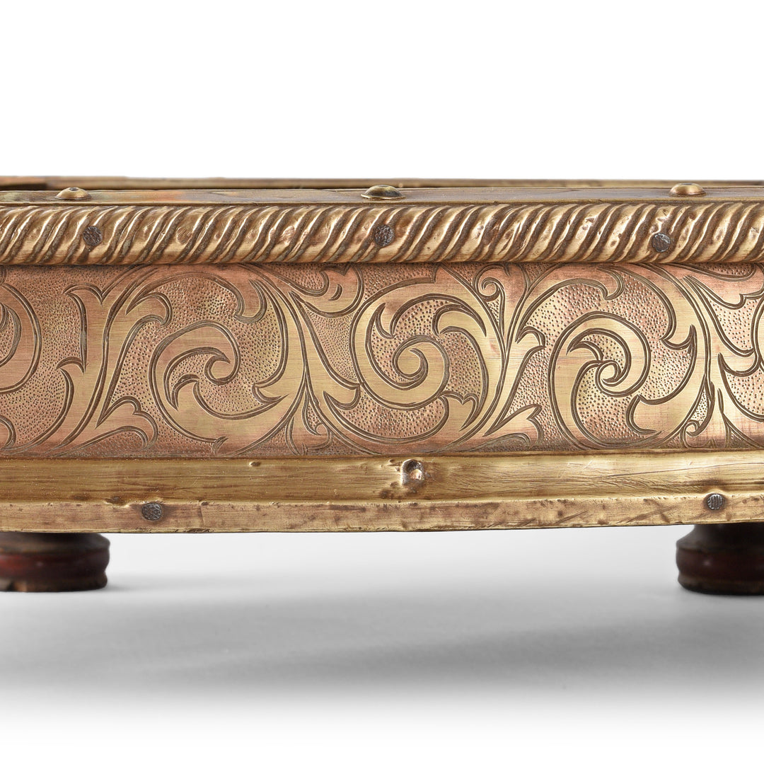 Etching Detail From Brass & Rosewood Prayer Table from Gujarat | Indigo Antiques
