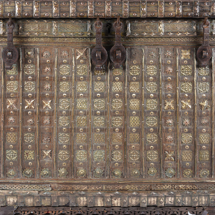 Central Detail Displaying Iron And Brass Decorations On Antique Brass Bound Indian 'Pithara' Chest From Gujarat  | Indigo Antiques