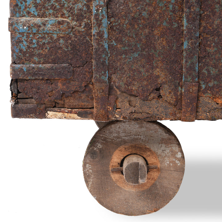 Brass & Iron Indian Pithara Dowry Chest On Wheels - 19th Century