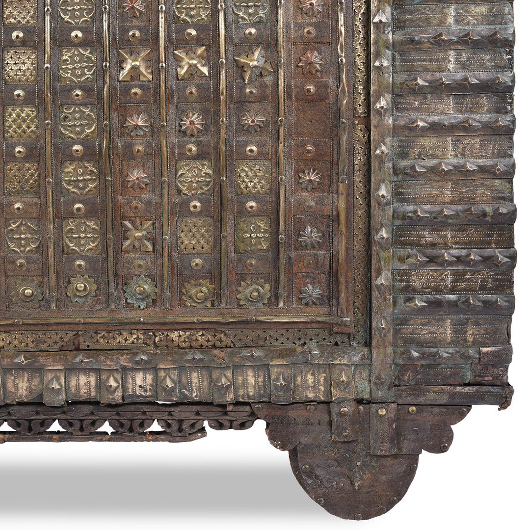 Bottom Corner Showing Iron, Brass And Wheels On Antique Brass Bound Indian 'Pithara' Chest From Gujarat  | Indigo Antiques