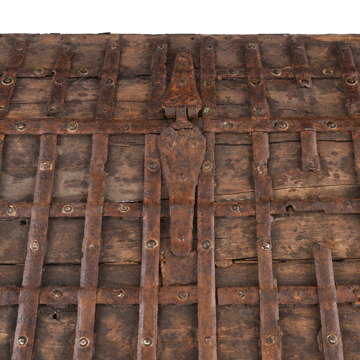 Hinge Detail From Lid Of Antique Brass Bound Indian 'Pithara' Chest From Gujarat  | Indigo Antiques