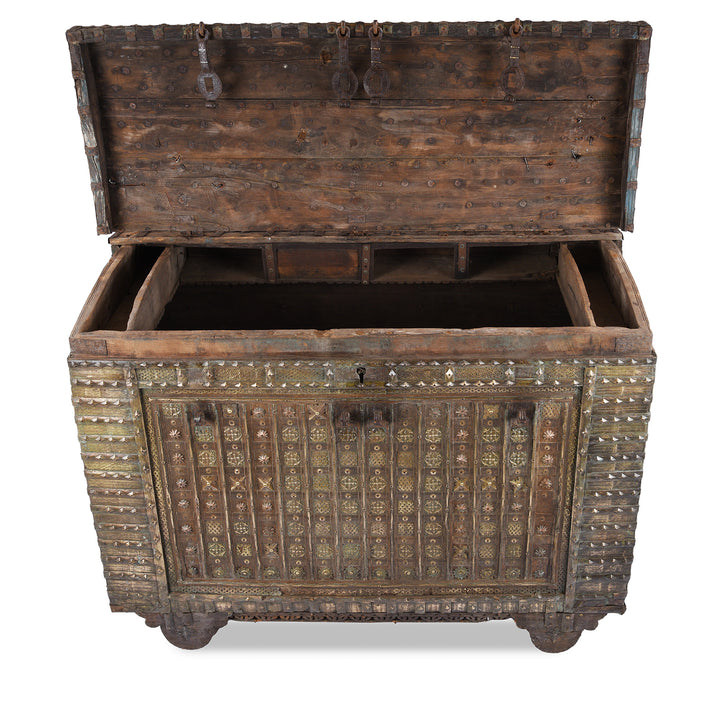 Open Lid VIew Of Antique Brass Bound Indian 'Pithara' Chest From Gujarat  | Indigo Antiques