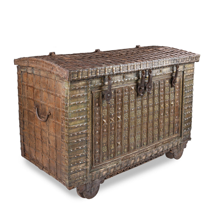 Angled VIew Of Antique Brass Bound Indian 'Pithara' Chest From Gujarat  | Indigo Antiques