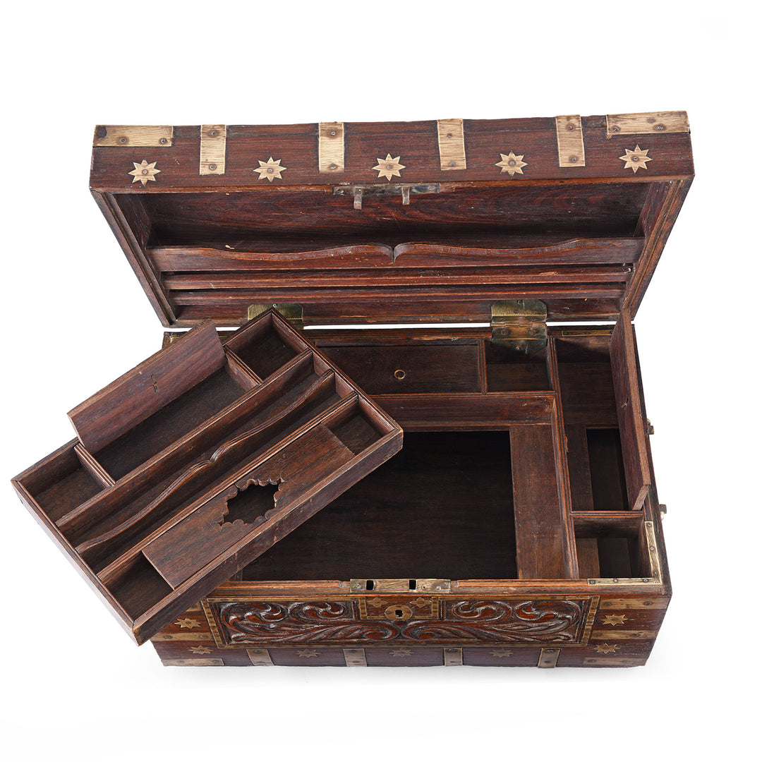 Interior View Of Antique Carved Malabar Chest From Kutch | Indigo Antiques