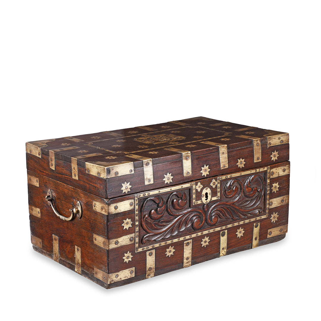 Angled VIew Of Antique Carved Malabar Chest From Kutch | Indigo Antiques