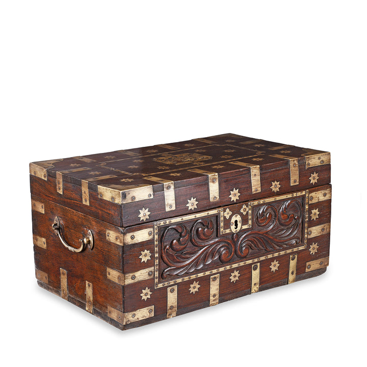 Angled VIew Of Antique Carved Malabar Chest From Kutch | Indigo Antiques