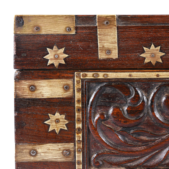 Corner Detail Showing Brass Work On Antique Carved Malabar Chest From Kutch | Indigo Antiques