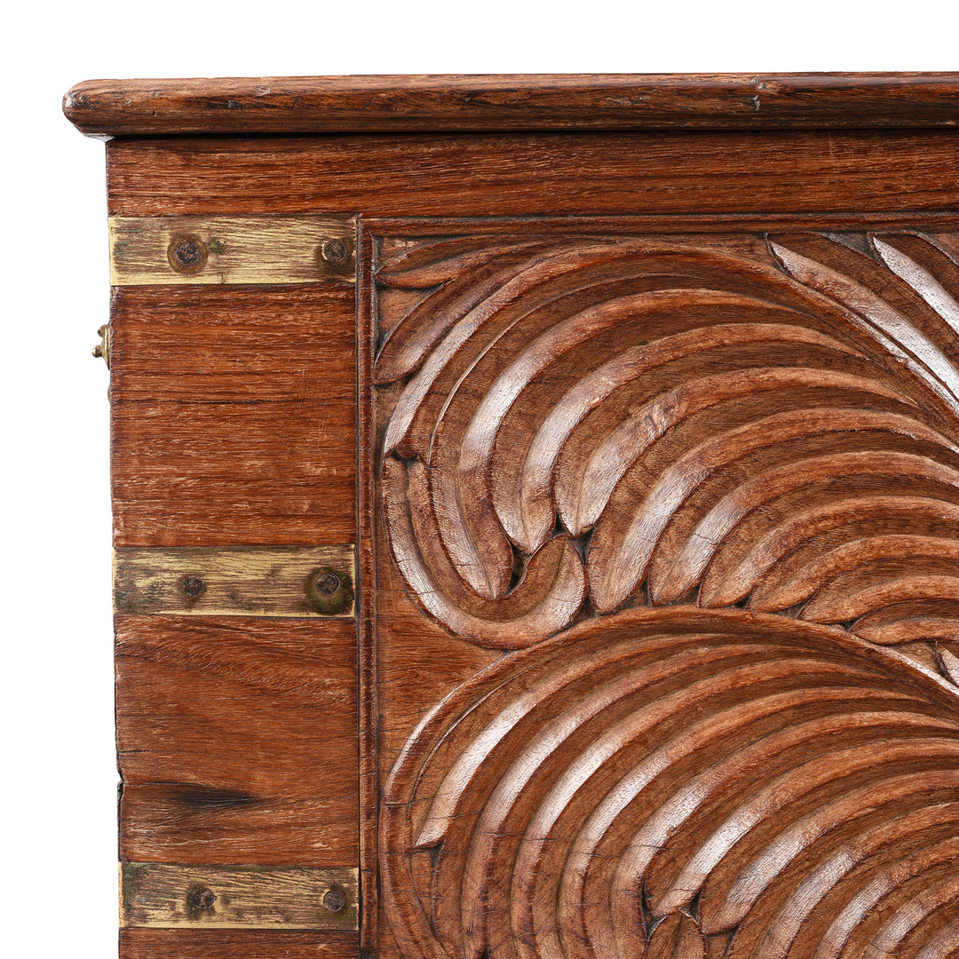 Corner Detail Displaying Carving From Antique Carved Malabar Chest From Kutch | Indigo Antiques