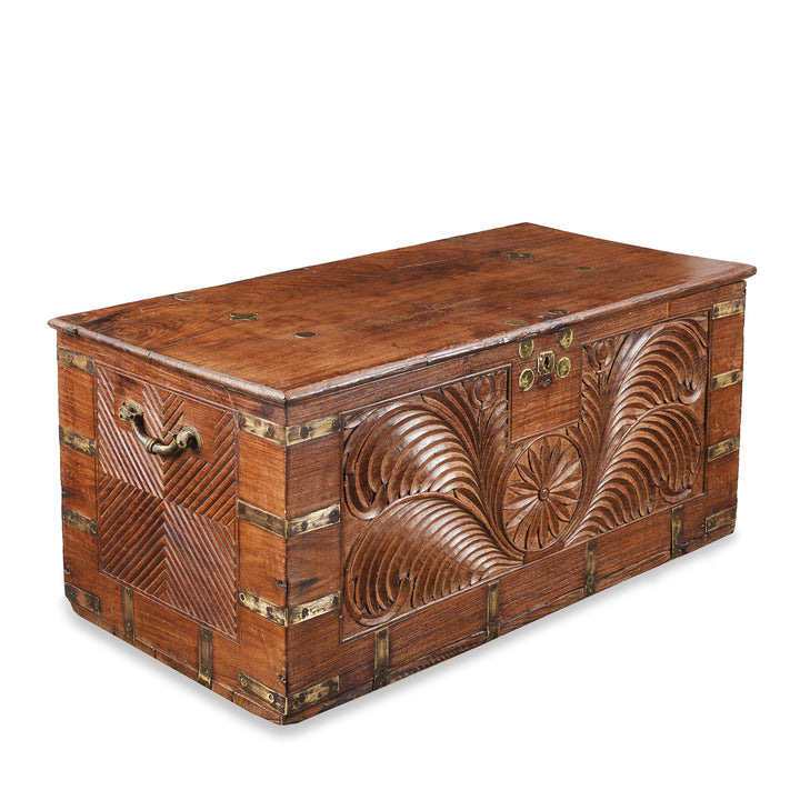 Angled View Of Antique Carved Malabar Chest From Kutch | Indigo Antiques