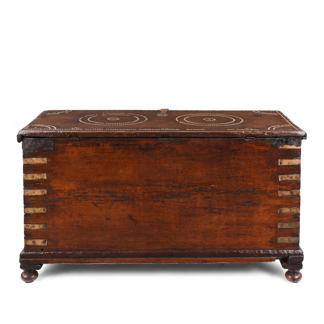 Back Of Antique Brass Studded Rosewood Chest From Kutch | Indigo Antiques