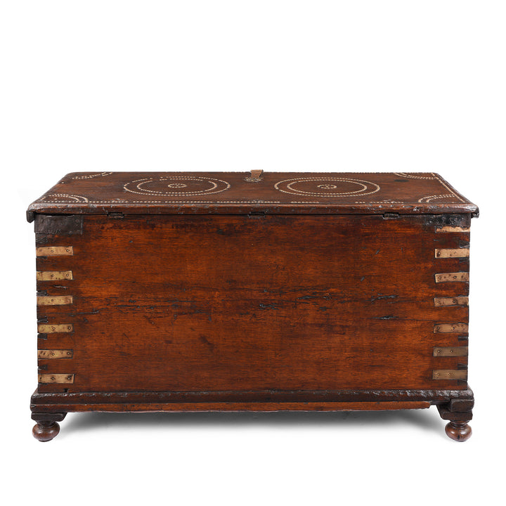 Back Of Antique Brass Studded Rosewood Chest From Kutch | Indigo Antiques