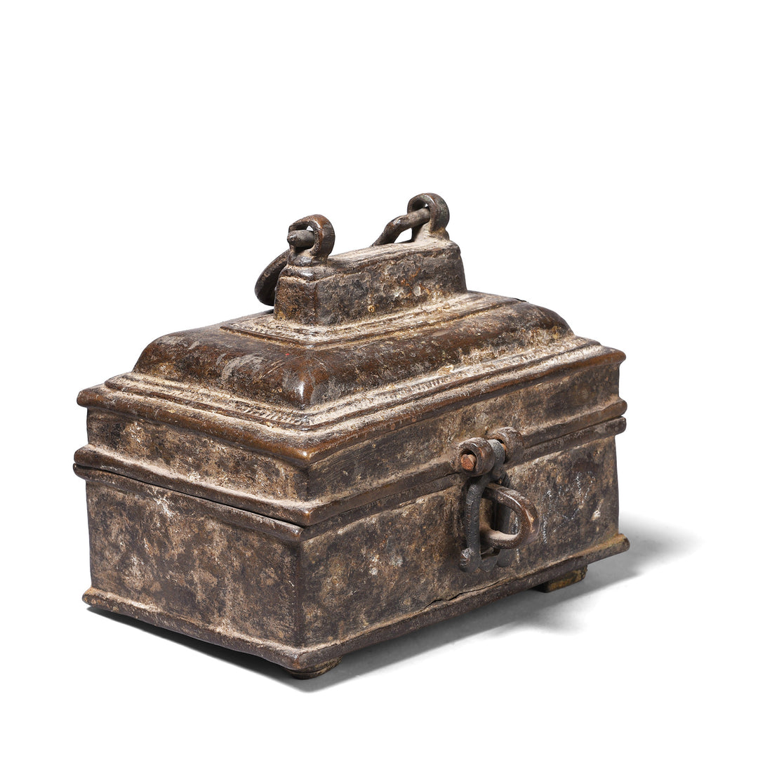 Angled View Of Antique Brass Dhokra Work Money Box From Orissa | Indigo Antiques