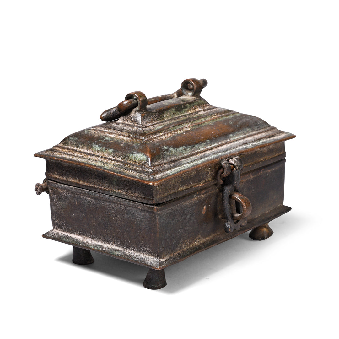 Angled VIew Of Antique Brass Dhokra Work Money Box  From Orissa | Indigo Antiques