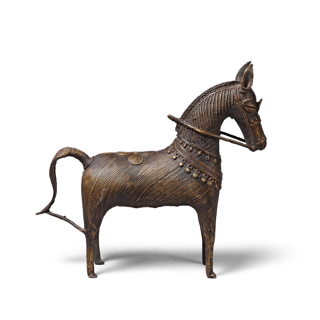 Side VIew Of Vintage Dhokra Tribal Brass Tribal Horse | Indigo Antiques
