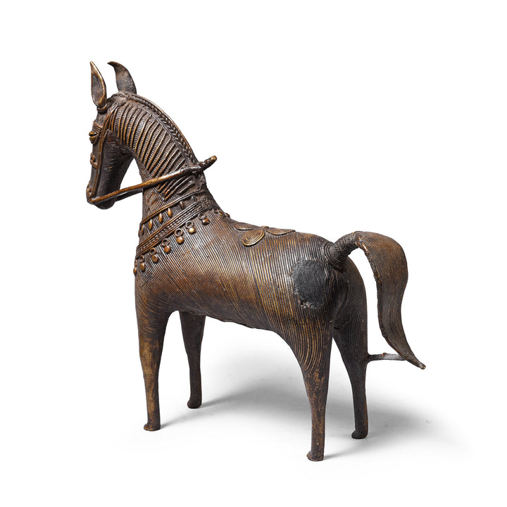 Rear View Showing Damage On Vintage Dhokra Tribal Brass Tribal Horse | Indigo Antiques