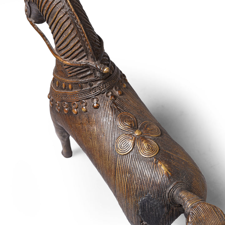 Top Down VIew Of Vintage Dhokra Tribal Brass Tribal Horse | Indigo Antiques