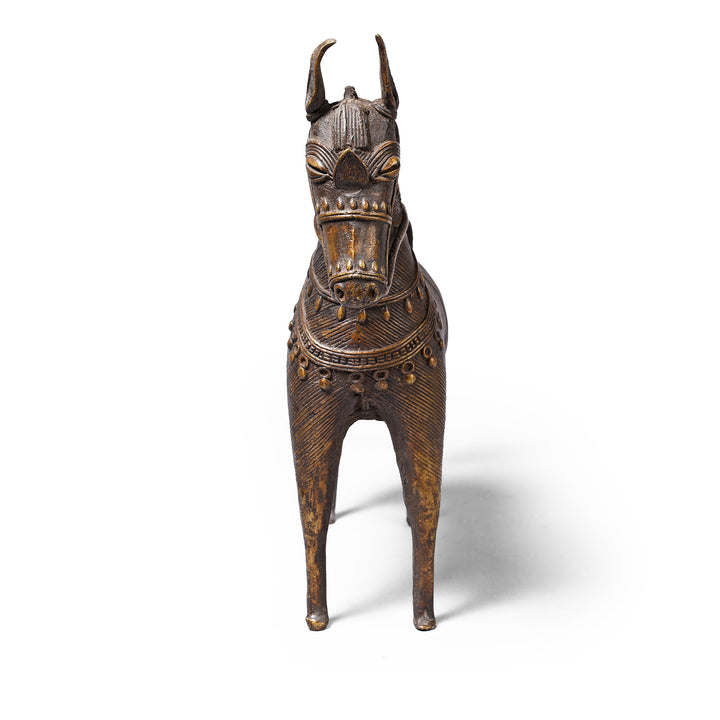 Front View Of Vintage Dhokra Tribal Brass Tribal Horse | Indigo Antiques