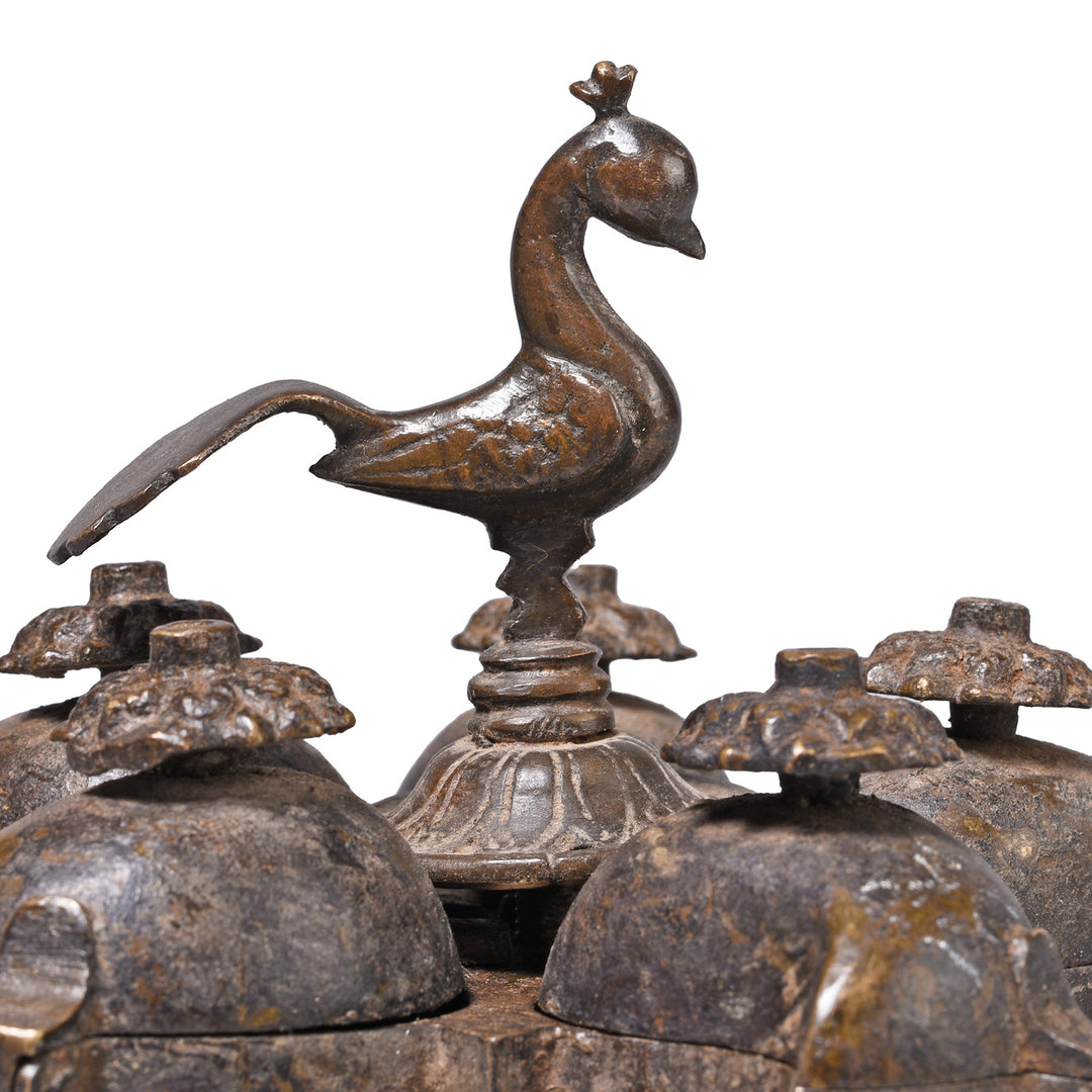 Peacock Detail From Antique Indian Brass Peacock Chopra / Masala Box | Indigo Antiques