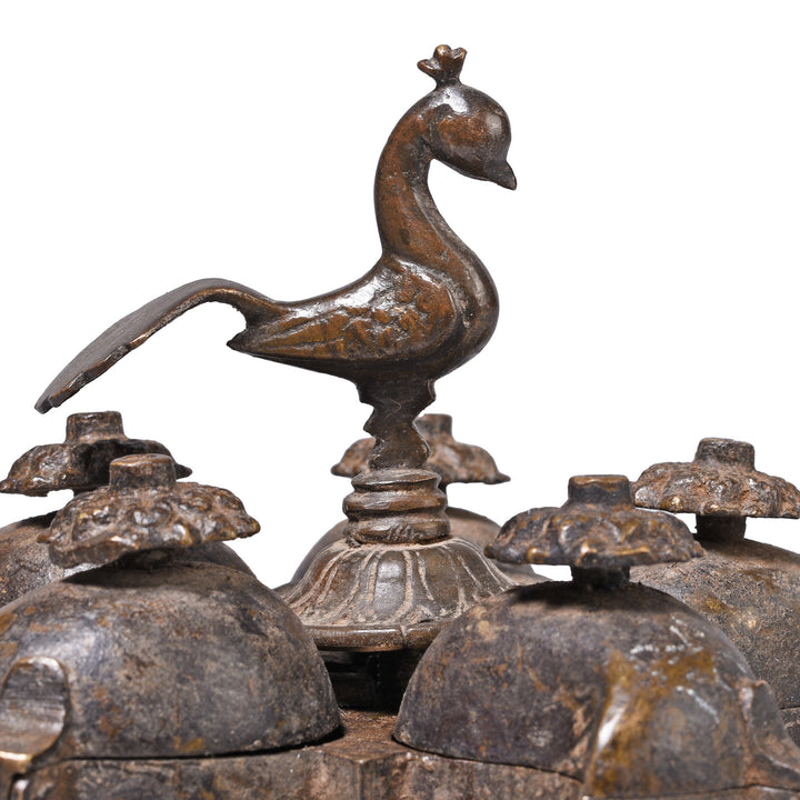 Peacock Detail From Antique Indian Brass Peacock Chopra / Masala Box | Indigo Antiques