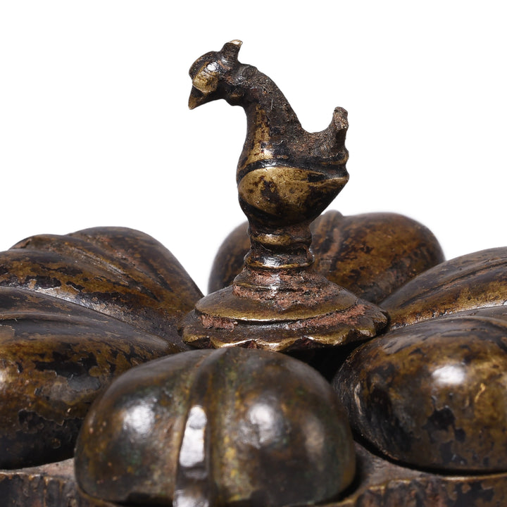 Peacock Detail From Antique Indian Brass Peacock Chopra / Masala Box | Indigo Antiques