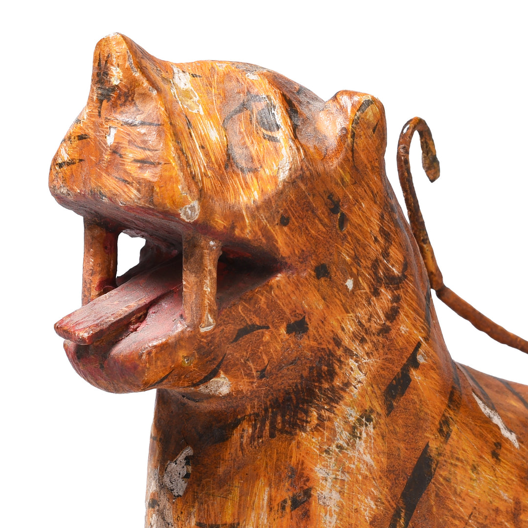 Face Detail From Antique Polychromed Indian Tiger Figure From Surat | Indigo Antiques
