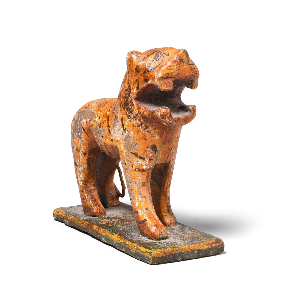 Angled View Of Antique Polychromed Indian Tiger Figure From Gujarat  | Indigo Antiques