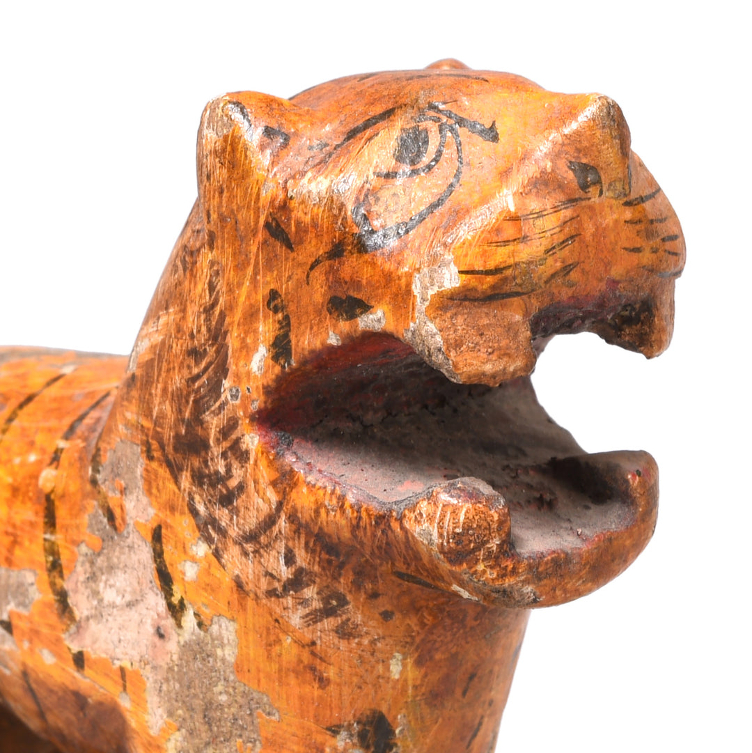 Face Detail From Antique Polychromed Indian Tiger Figure From Gujarat  | Indigo Antiques