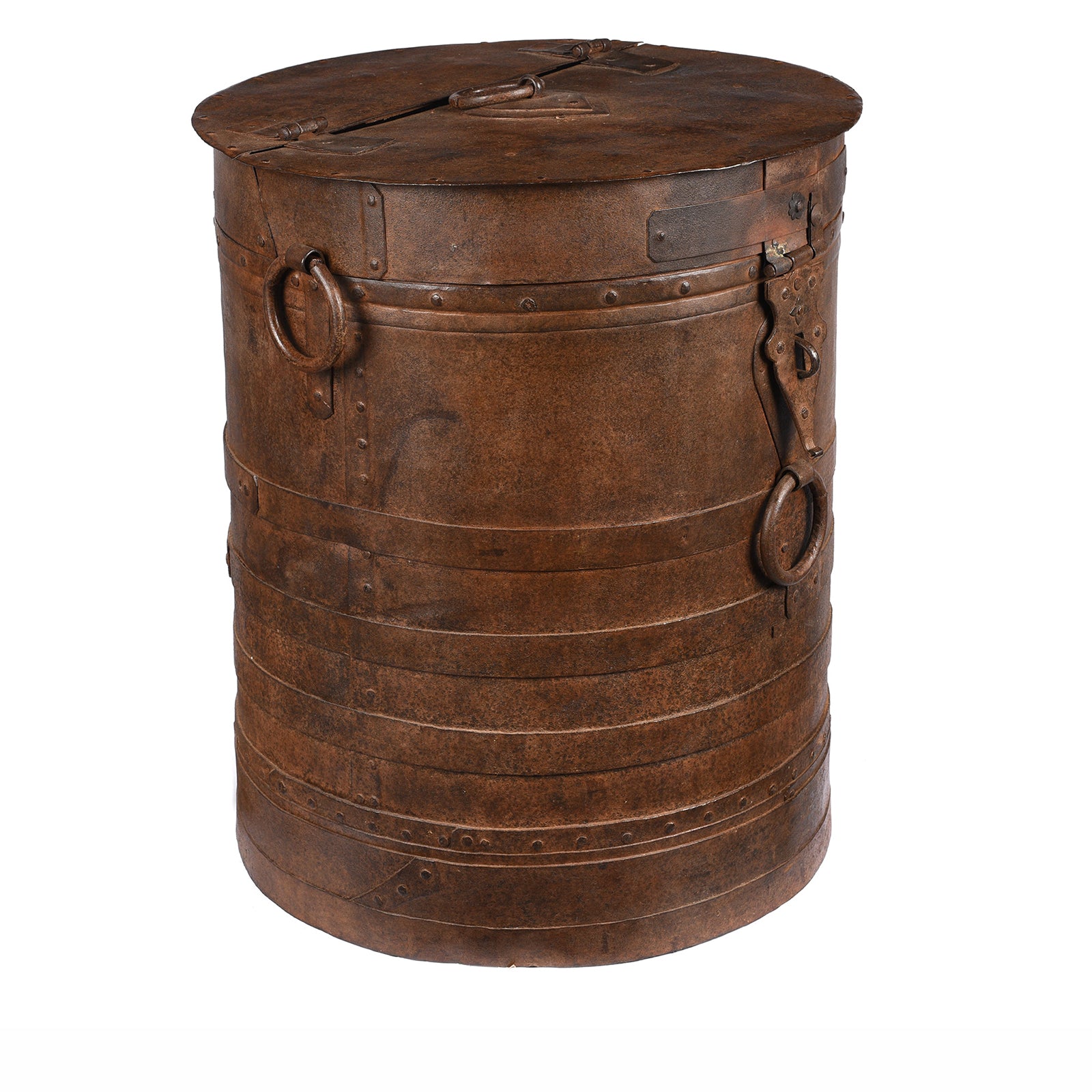 Angled View Of Iron Grain Storage Bin From Kutch | Indigo Antiques