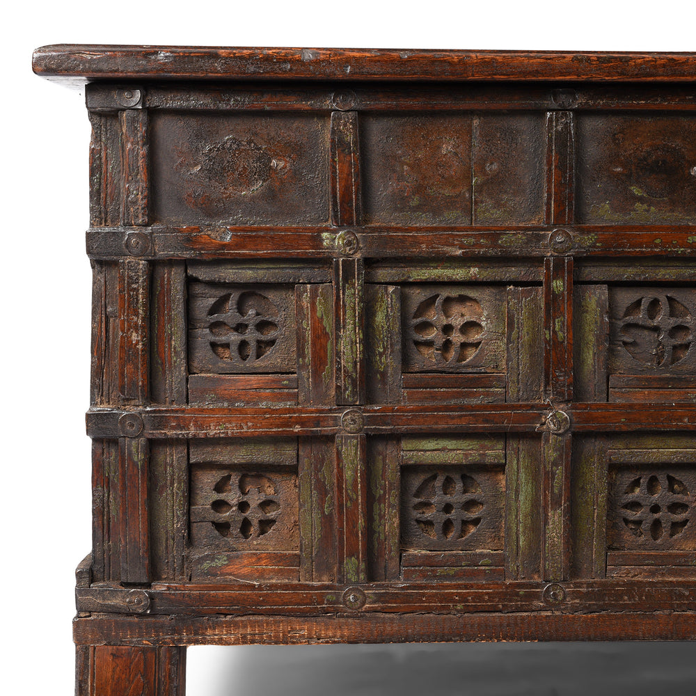 Corner Detail From Antique Indian Iron Bound Teak Coffee Table Chest From Gujarat | Indigo Antiques