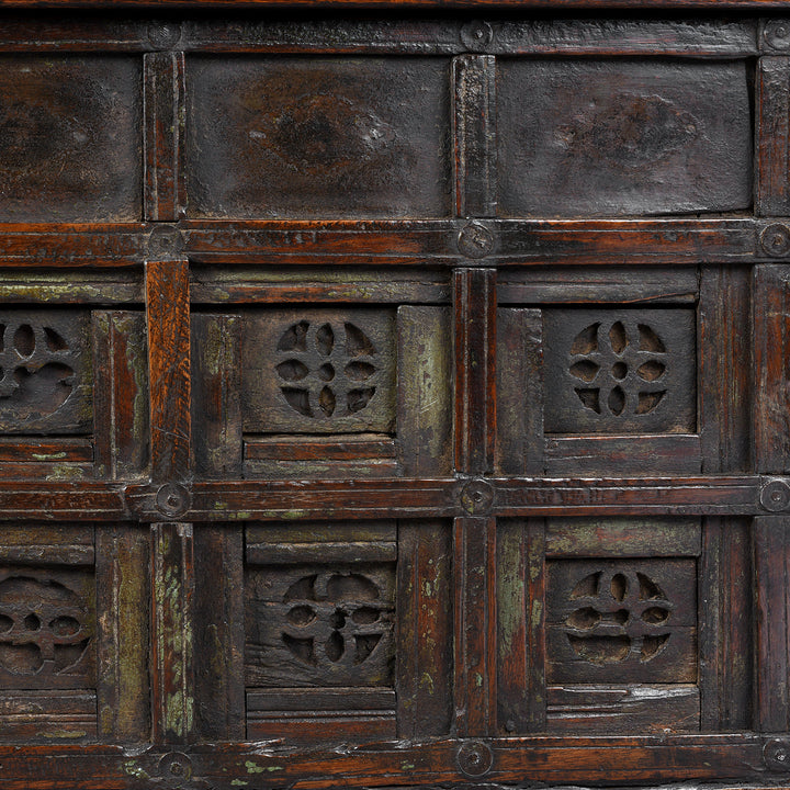 Detail From Antique Indian Iron Bound Teak Coffee Table Chest From Gujarat | Indigo Antiques