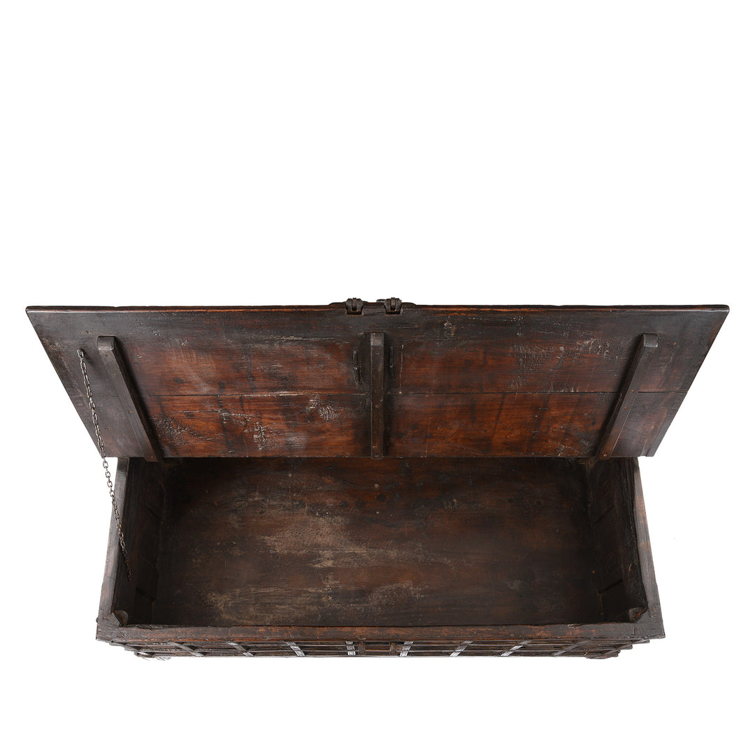 Open View Of Antique Indian Iron Bound Teak Coffee Table Chest From Gujarat | Indigo Antiques