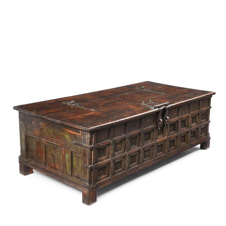Angled View Of Antique Indian Iron Bound Teak Coffee Table Chest From Gujarat | Indigo Antiques
