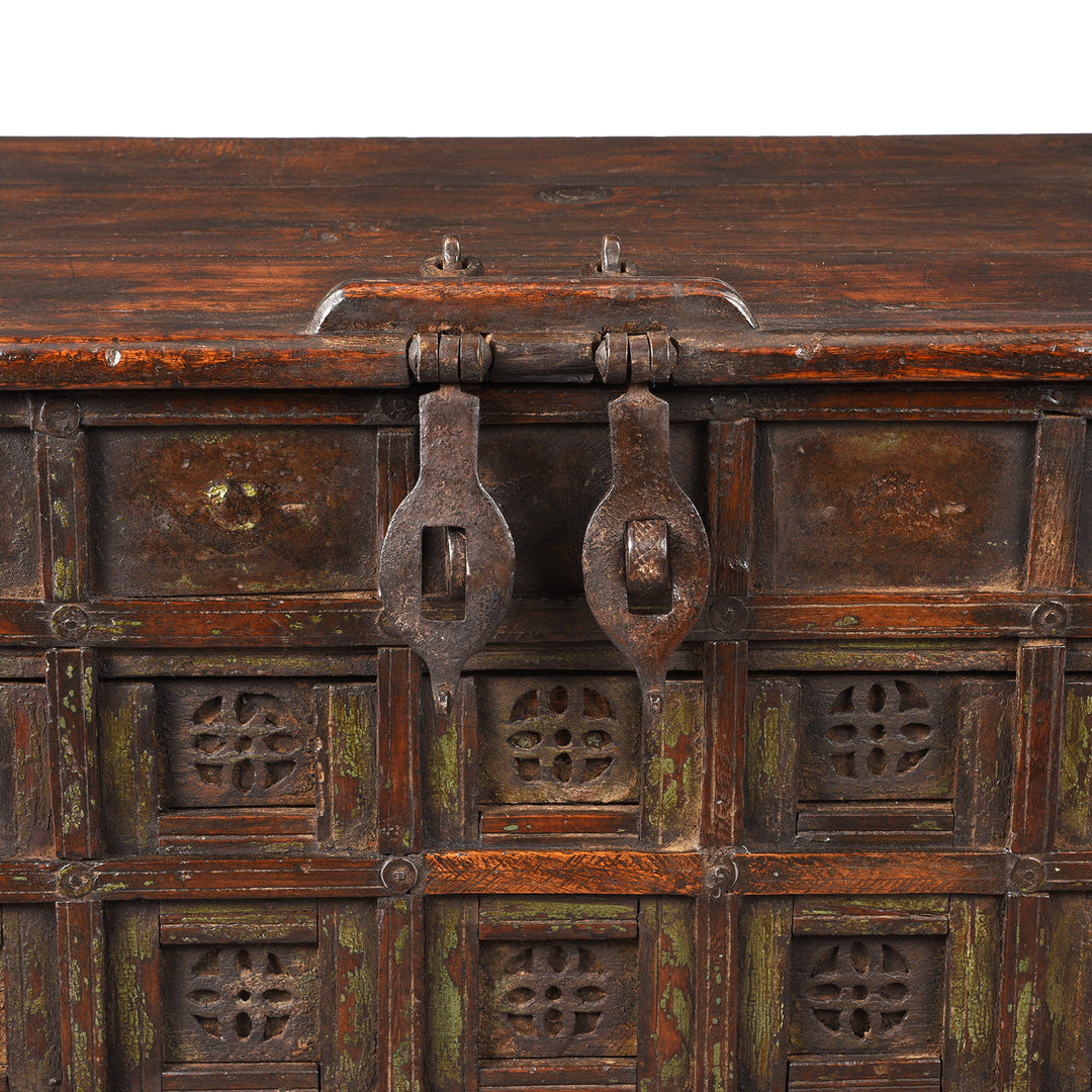 Latch Detail From Antique Indian Iron Bound Teak Coffee Table Chest From Gujarat | Indigo Antiques