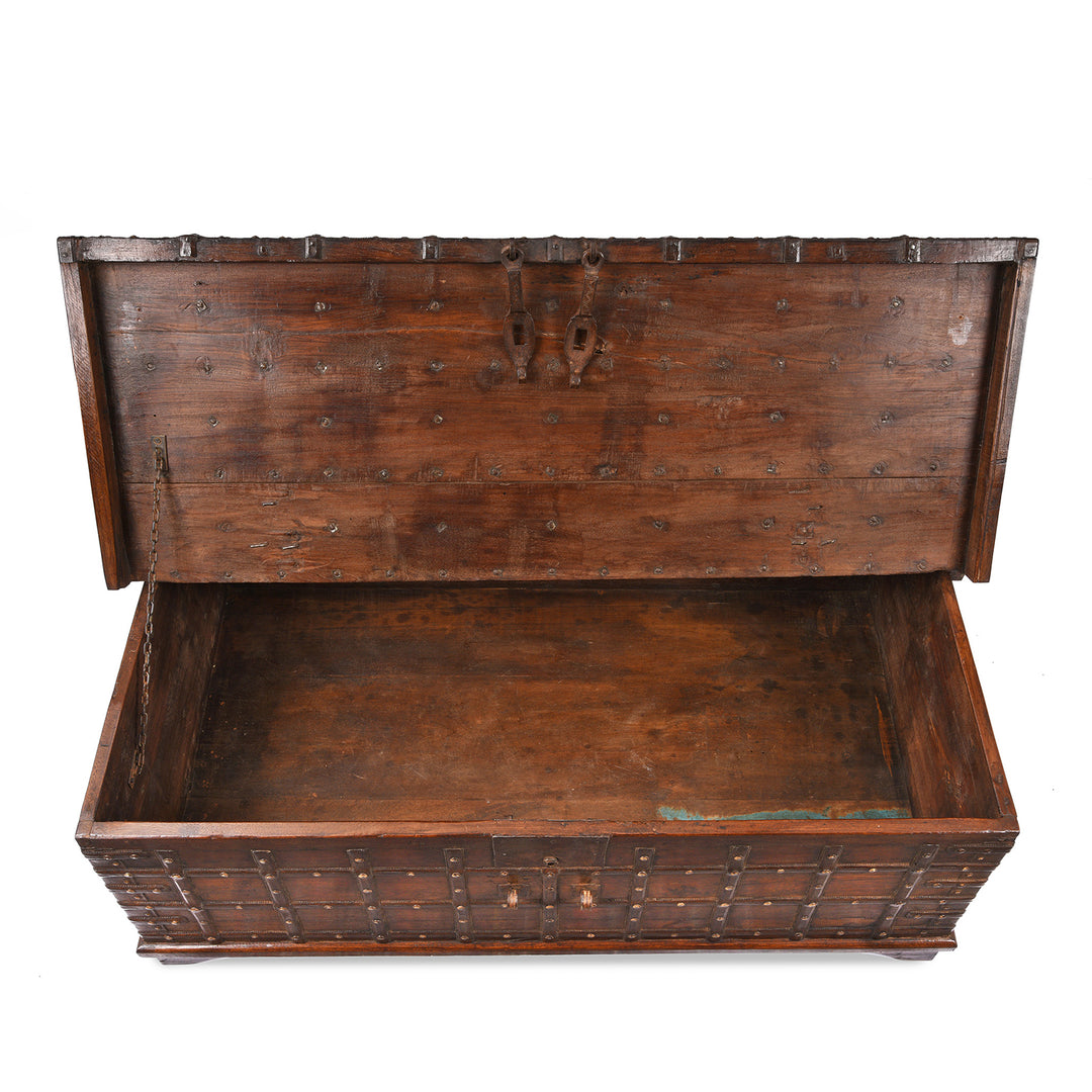 Open View of Antique Indian Iron Bound Teak Coffee Table Chest From Gujarat | Indigo Antiques