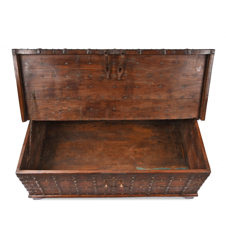 Open View of Antique Indian Iron Bound Teak Coffee Table Chest From Gujarat | Indigo Antiques