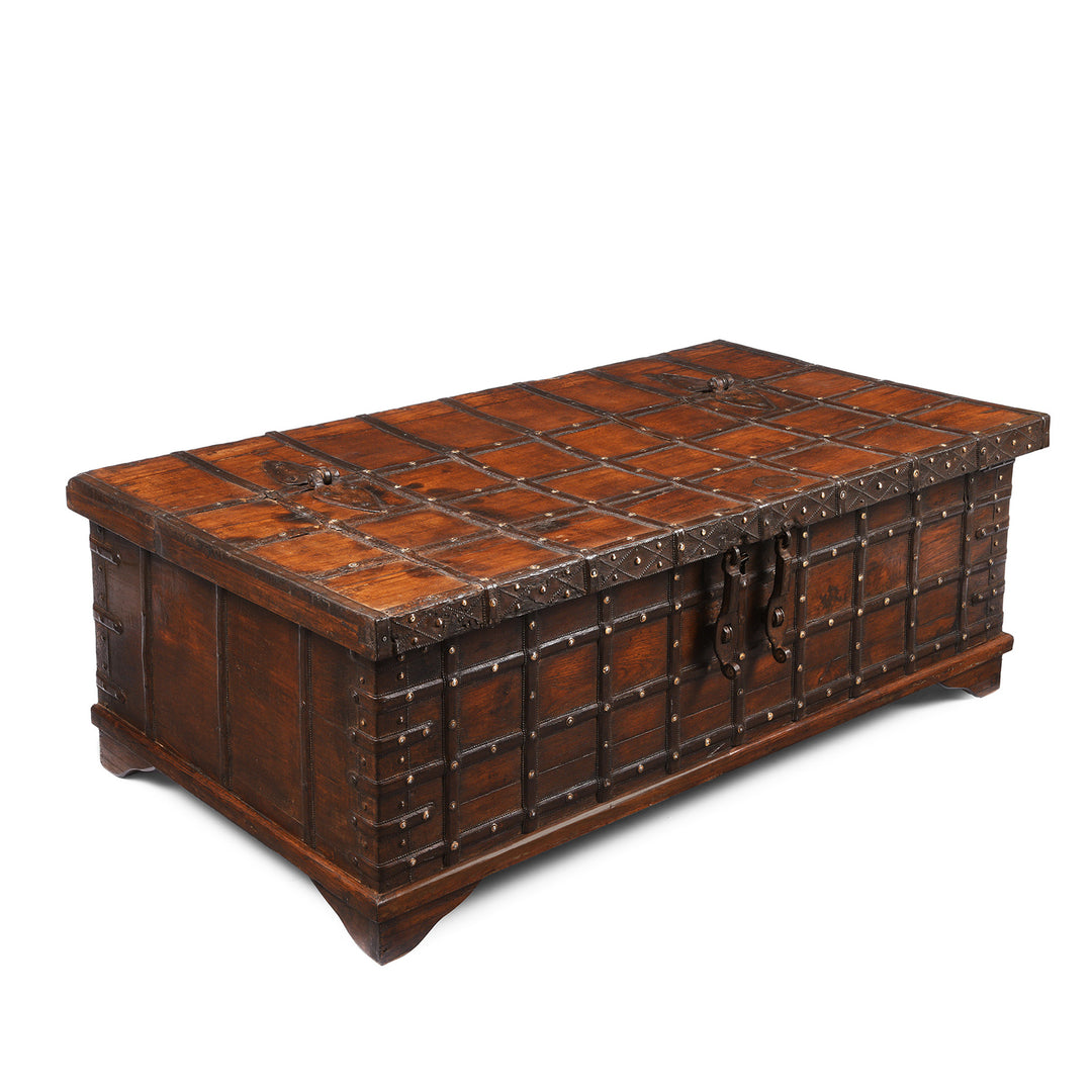 Angled View Of Antique Indian Iron Bound Teak Coffee Table Chest From Gujarat | Indigo Antiques