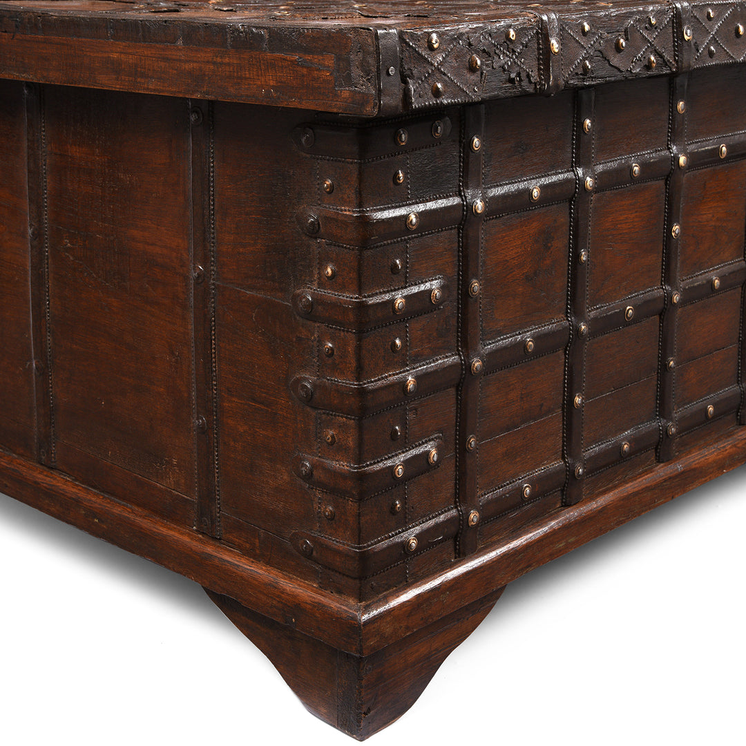 Angle View Of Antique Indian Iron Bound Teak Coffee Table Chest From Gujarat | Indigo Antiques