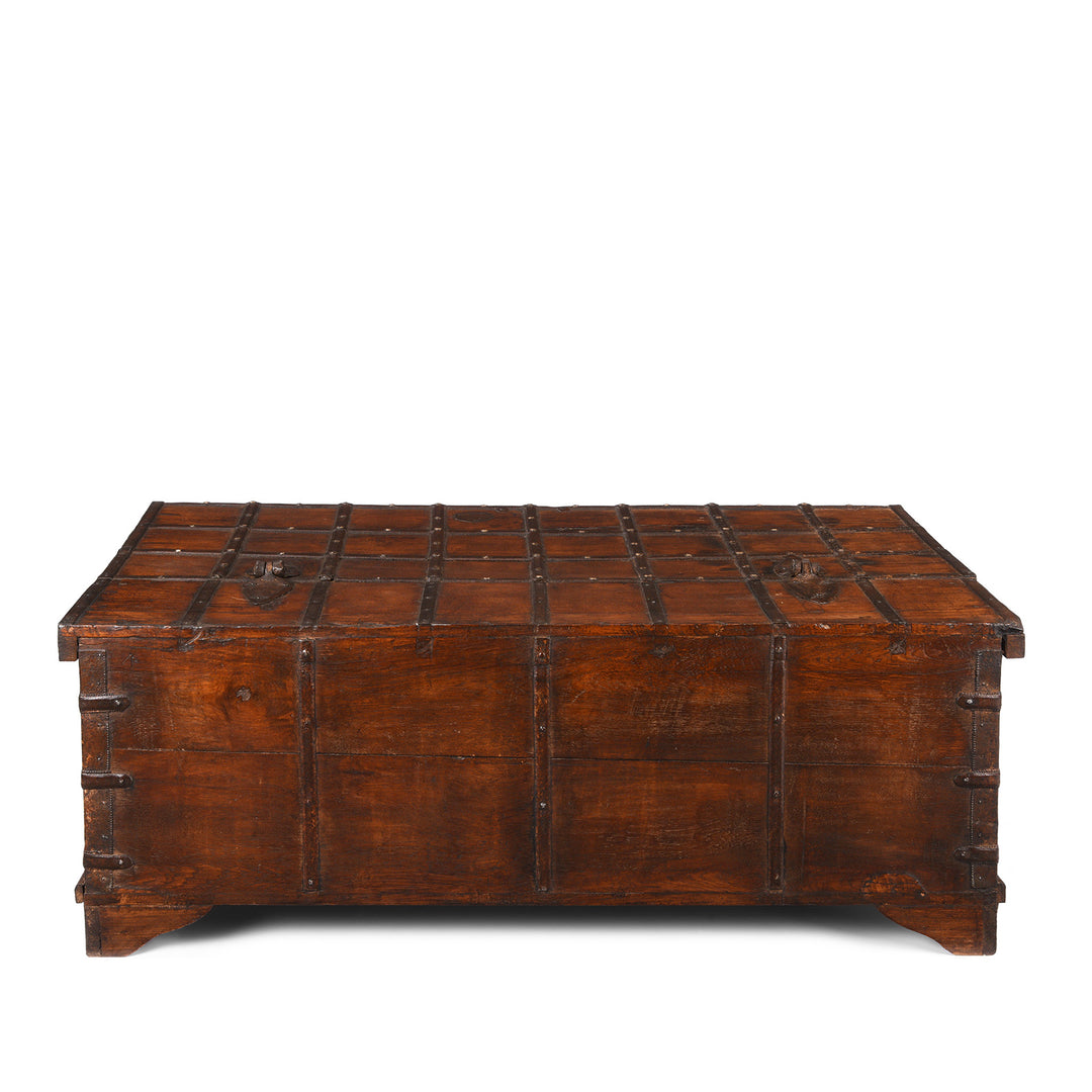 Back Of Antique Indian Iron Bound Teak Coffee Table Chest From Gujarat | Indigo Antiques