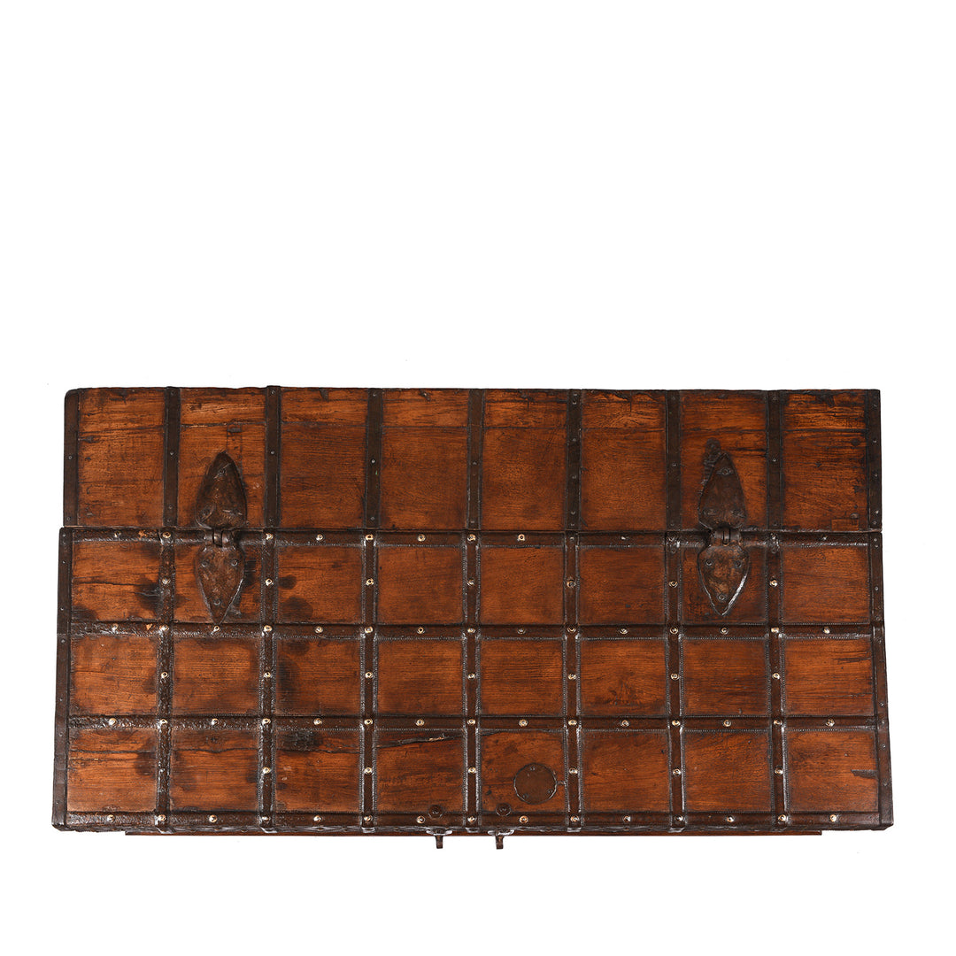Top Down View Of Antique Indian Iron Bound Teak Coffee Table Chest From Gujarat | Indigo Antiques