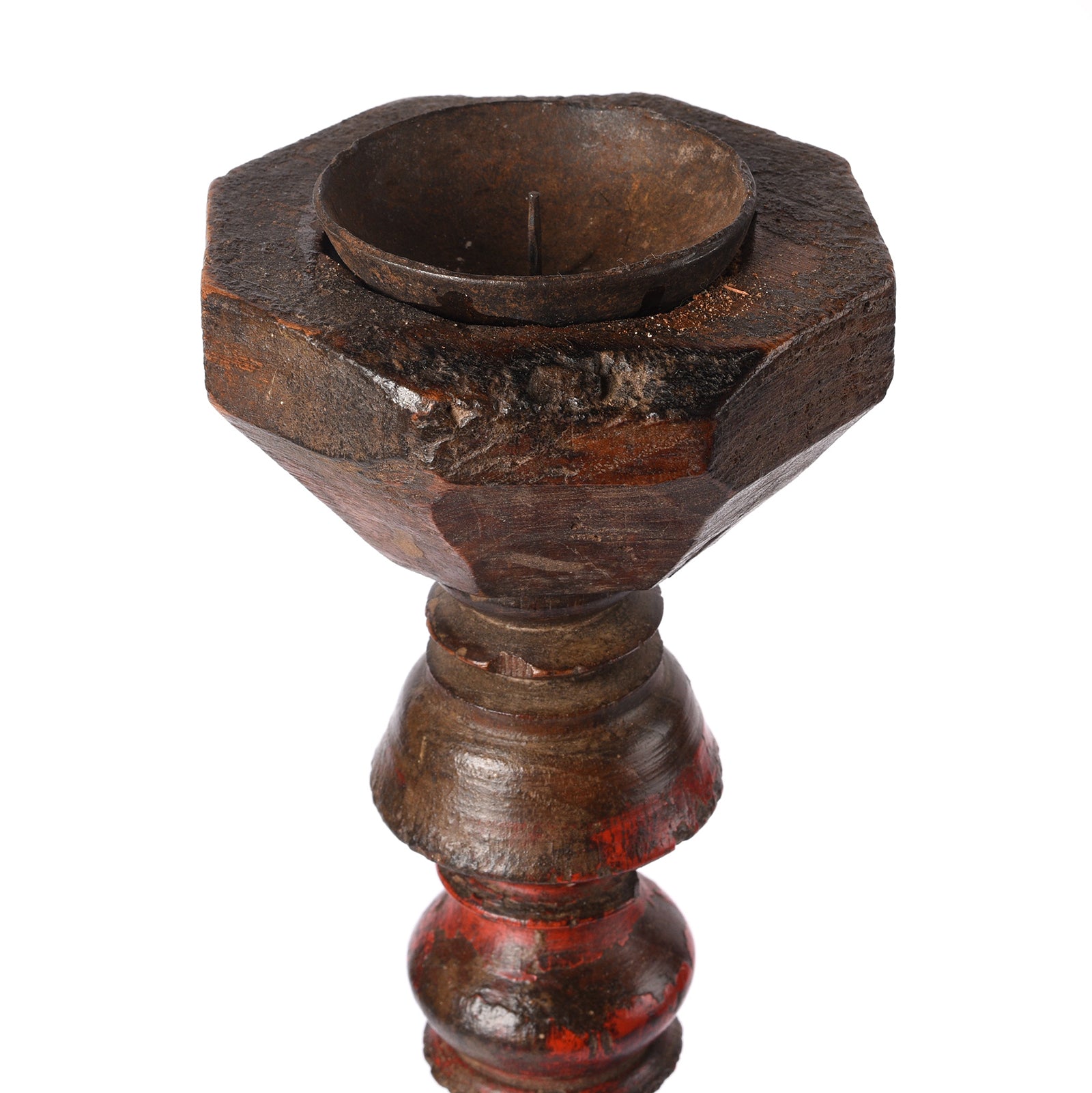 Red Lacquered Candle Stick From Banswara - 19th Century