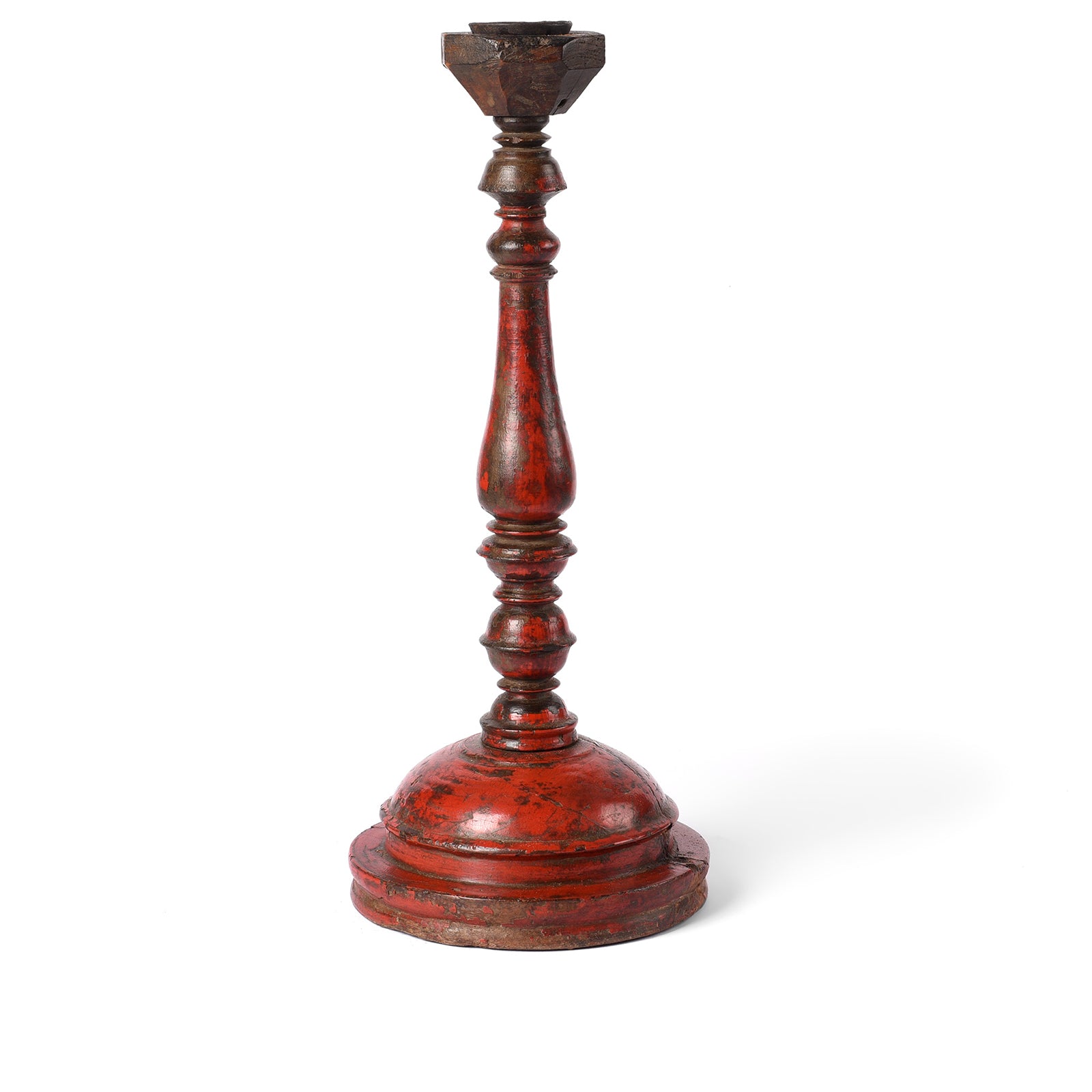 Red Lacquered Candle Stick From Banswara - 19th Century