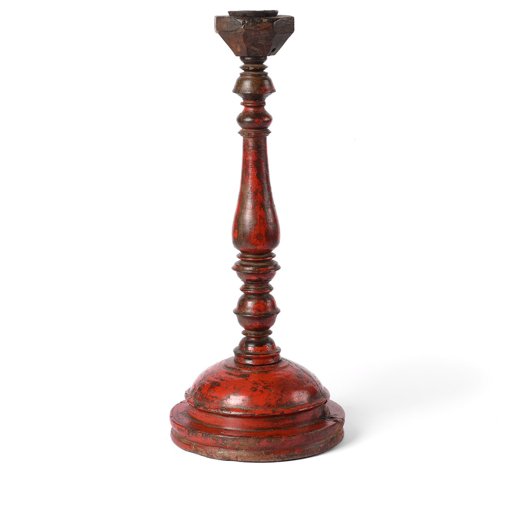 Red Lacquered Candle Stick From Banswara - 19th Century