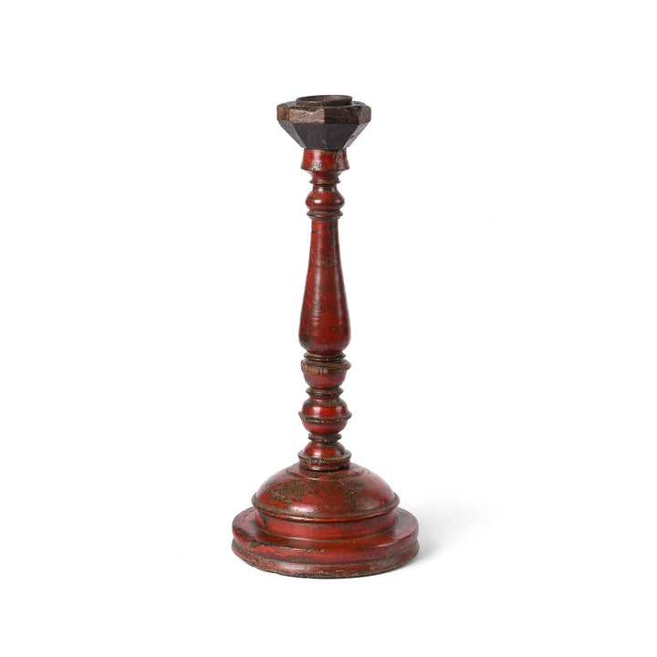 Red Lacquered Candle Stick From Banswara - 19th Century