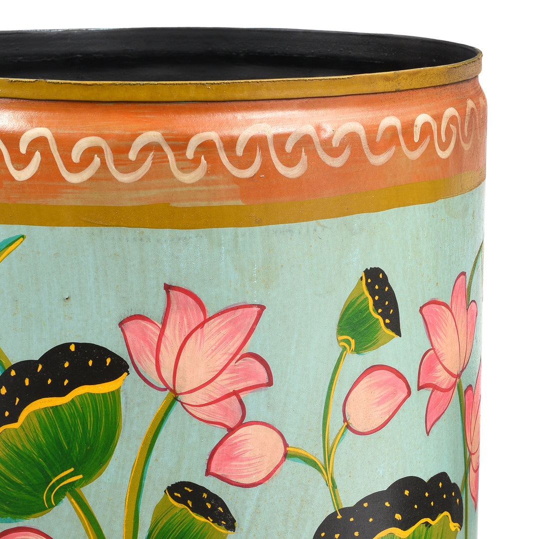 Rim Detail From Aqua Hand painted Waste Paper Bin / Planter | Indigo Antiques