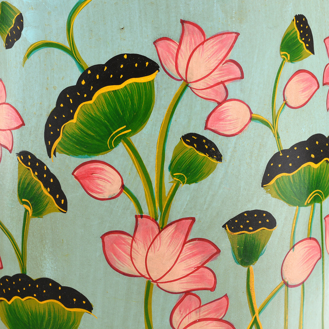 Paintwork Detail From Aqua Hand painted Waste Paper Bin / Planter | Indigo Antiques